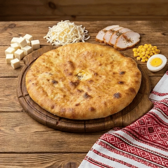 Копченая курица, сыр и кукуруза