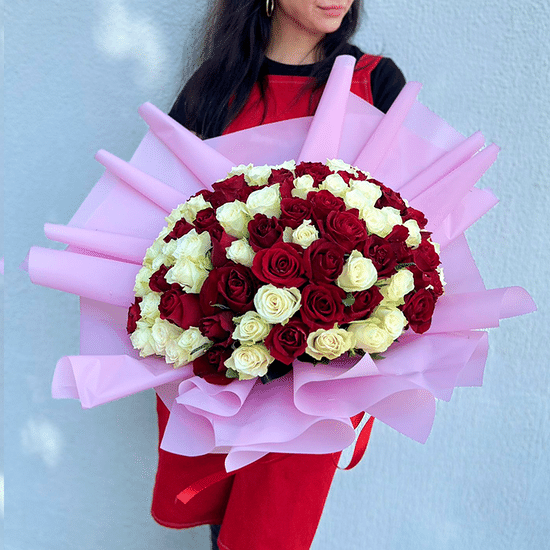 101 кр/бел роза 50 см с оформл.(ф) (Гомель)