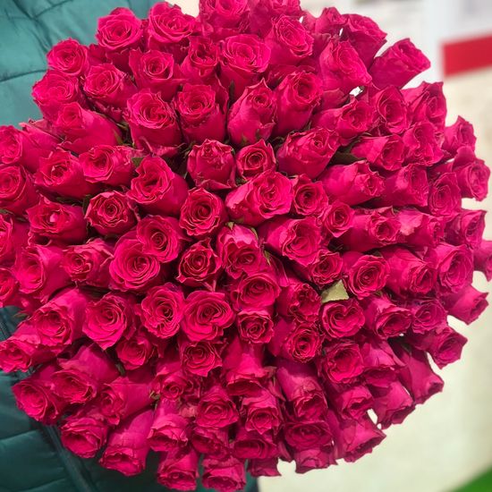 101 малиновая роза 50 см с лентой