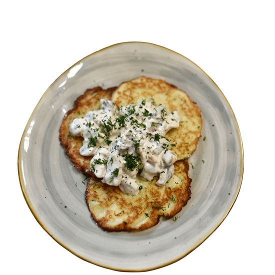 Драники домашние с курицей , грибами.