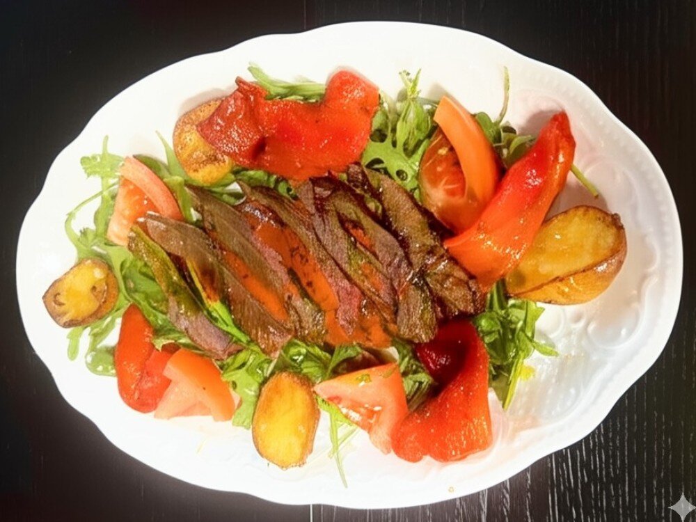 Теплый стейк салат