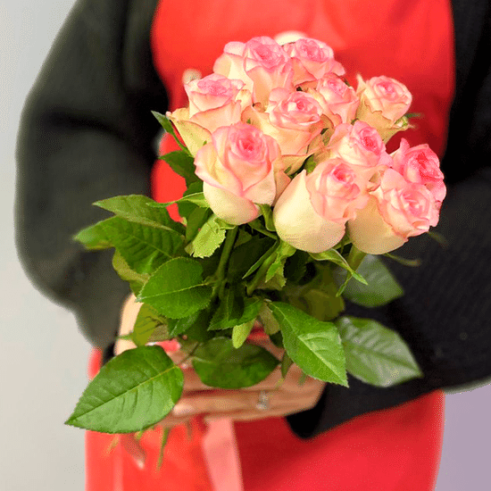 11 бело-розовых роз 40 см с лентой