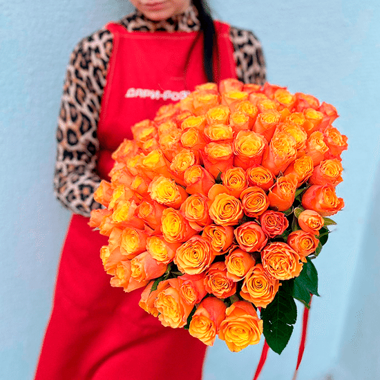 101 оранжевая роза 40 см с лентой