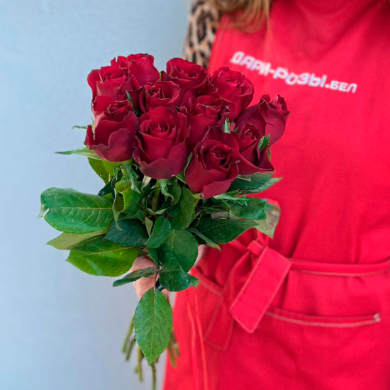 11 красных роз 40 см с лентой
