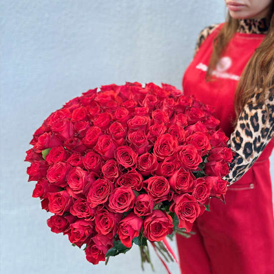101 красная роза 40 см с лентой