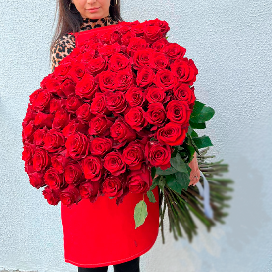 101 красная роза 70 см с лентой