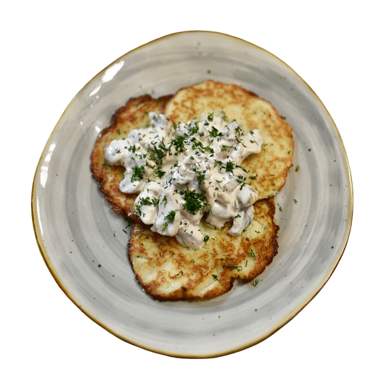 Драники домашние с курицей и грибами.