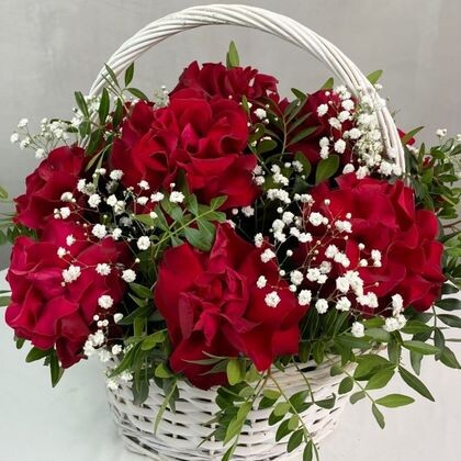 Корзина из 11-13 красных французских роз с зеленью