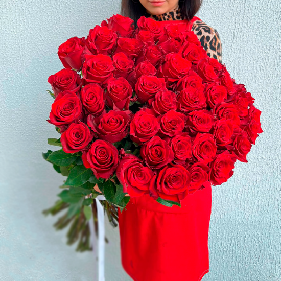 51 красная роза 60 см с лентой (э)