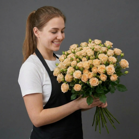 25 куст. роз (Крем Грация) с лентой
