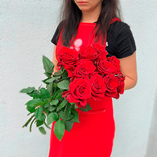 11 красных роз 80 см с лентой (Эквадор)